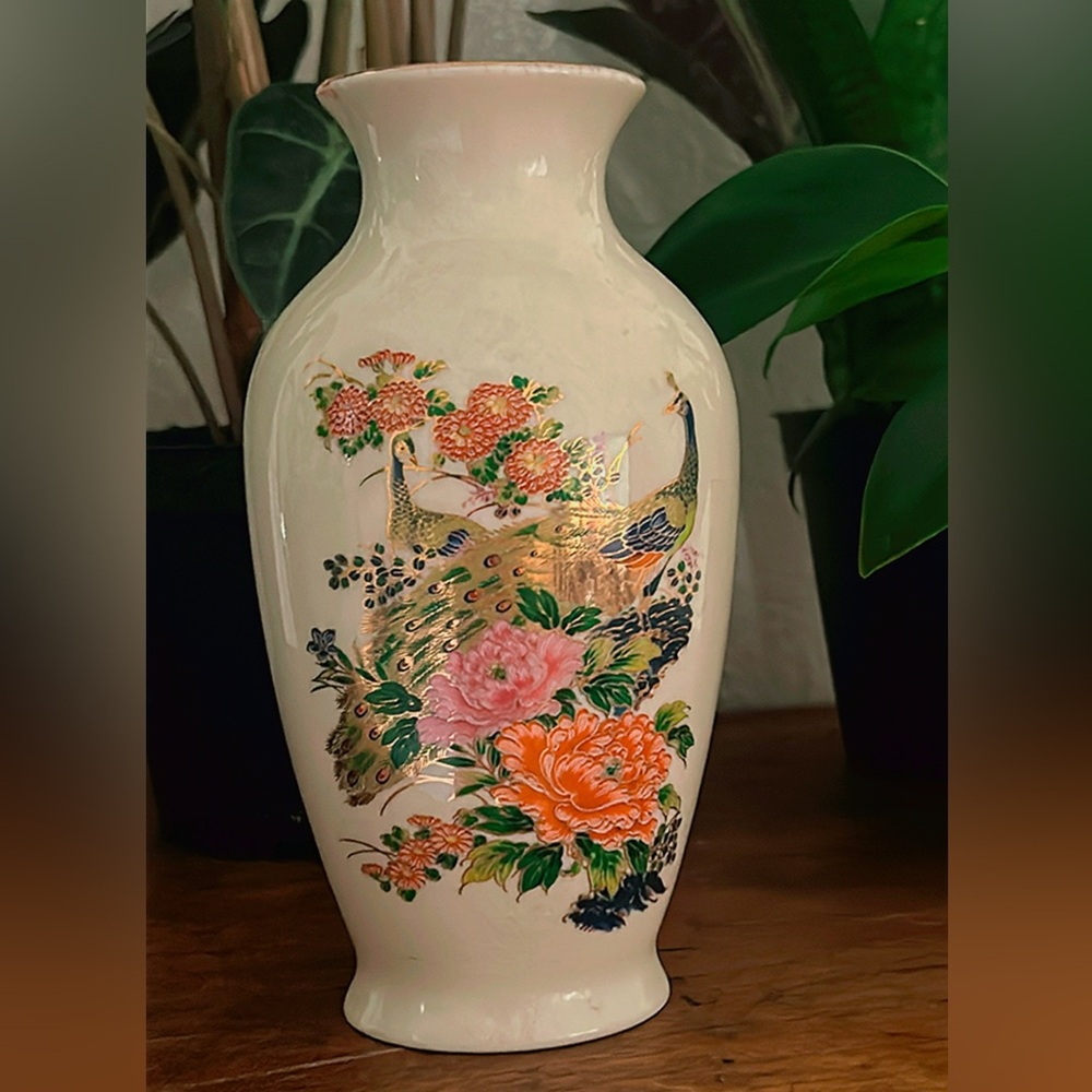 Hand-Painted Porcelain Vase with Peacocks and Flowers - Pink & Orange Accents